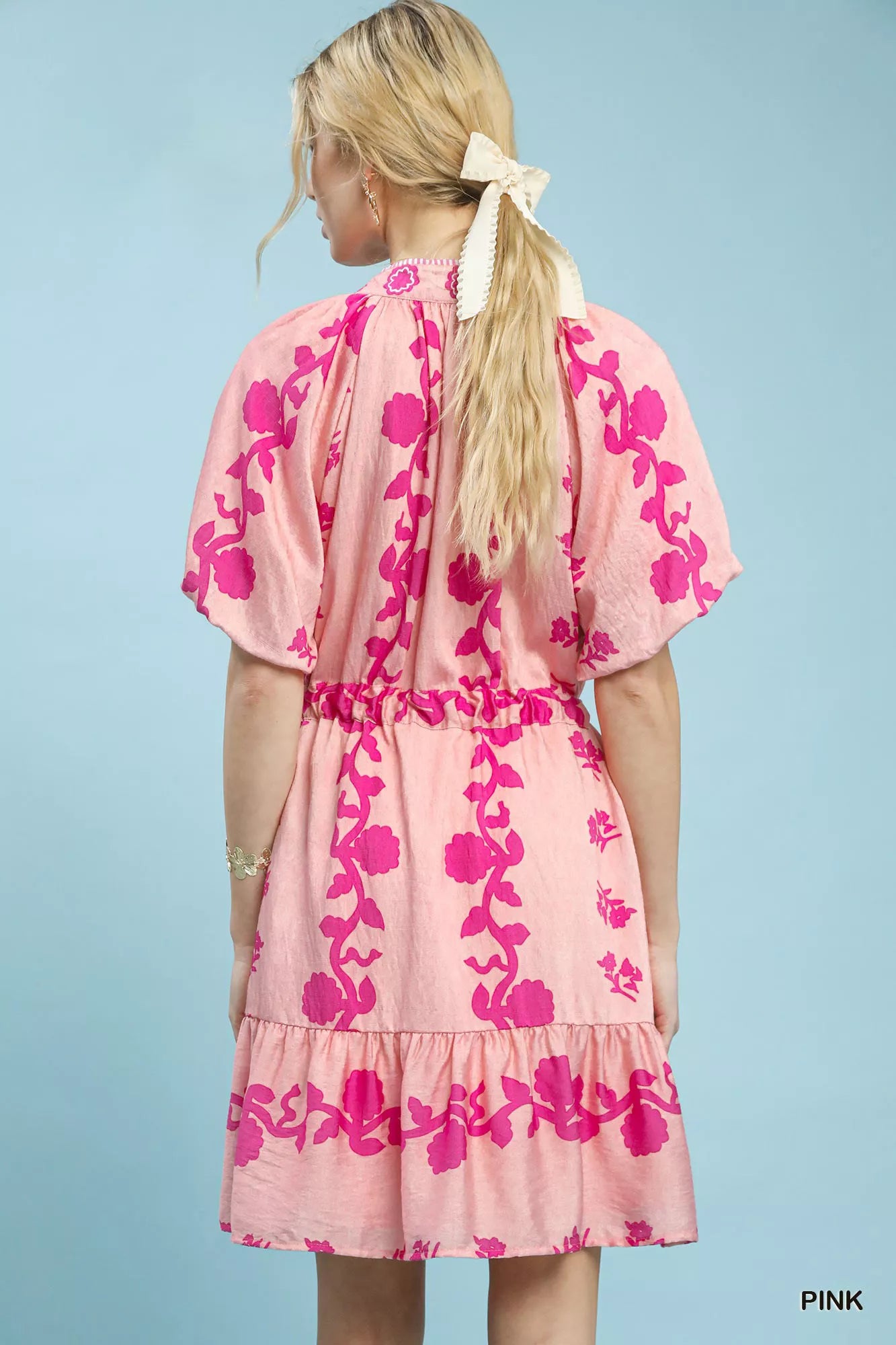 NEWYORKLISTED STYLE COLLECTION: Woman wearing a pink floral dress against a light blue background