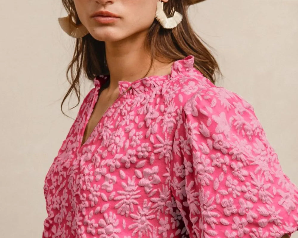 NEWYORKLISTED STYLE COLLECTION: Textured Floral Ruffle Blouse with Balloon Sleeves