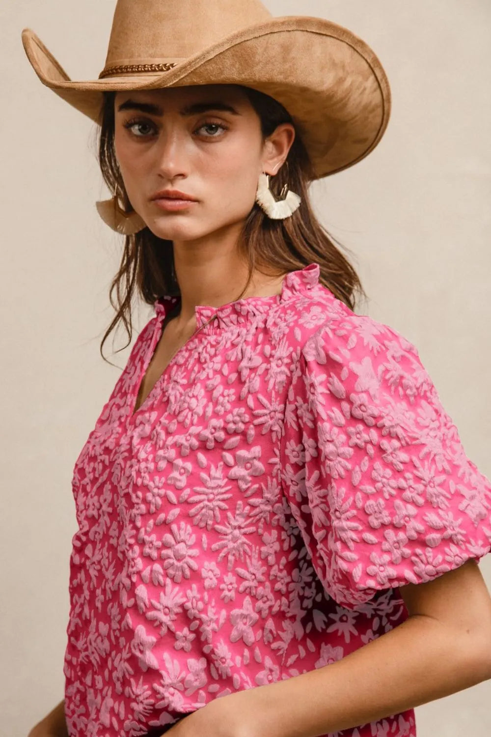 NEWYORKLISTED STYLE COLLECTION: Textured Floral Ruffle Blouse with Balloon Sleeves