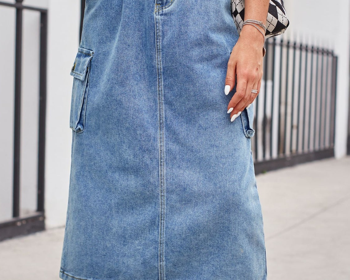 Slit Buttoned Denim Skirt with Pockets - NEWYORKLISTED