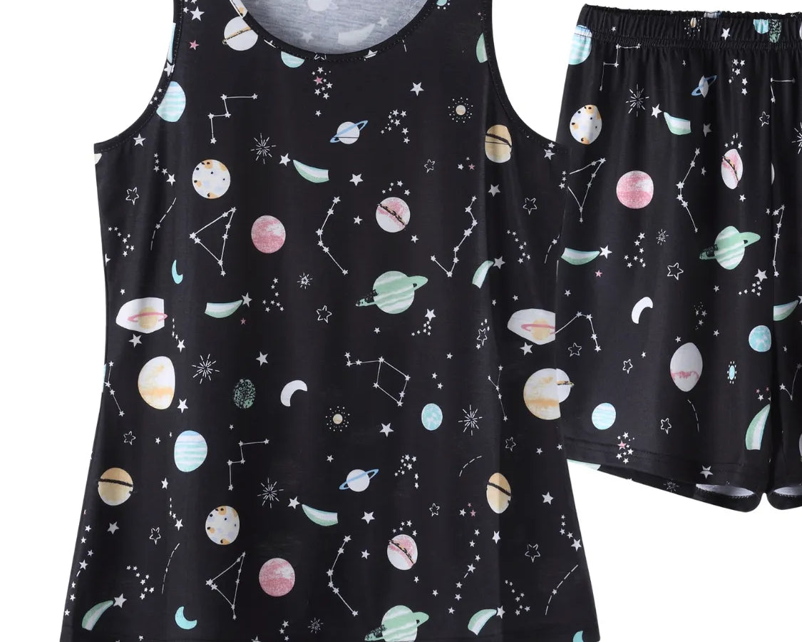 NEWYORKLISTED Intimate Apparel: Black tank top and shorts set with space-themed print on a white background