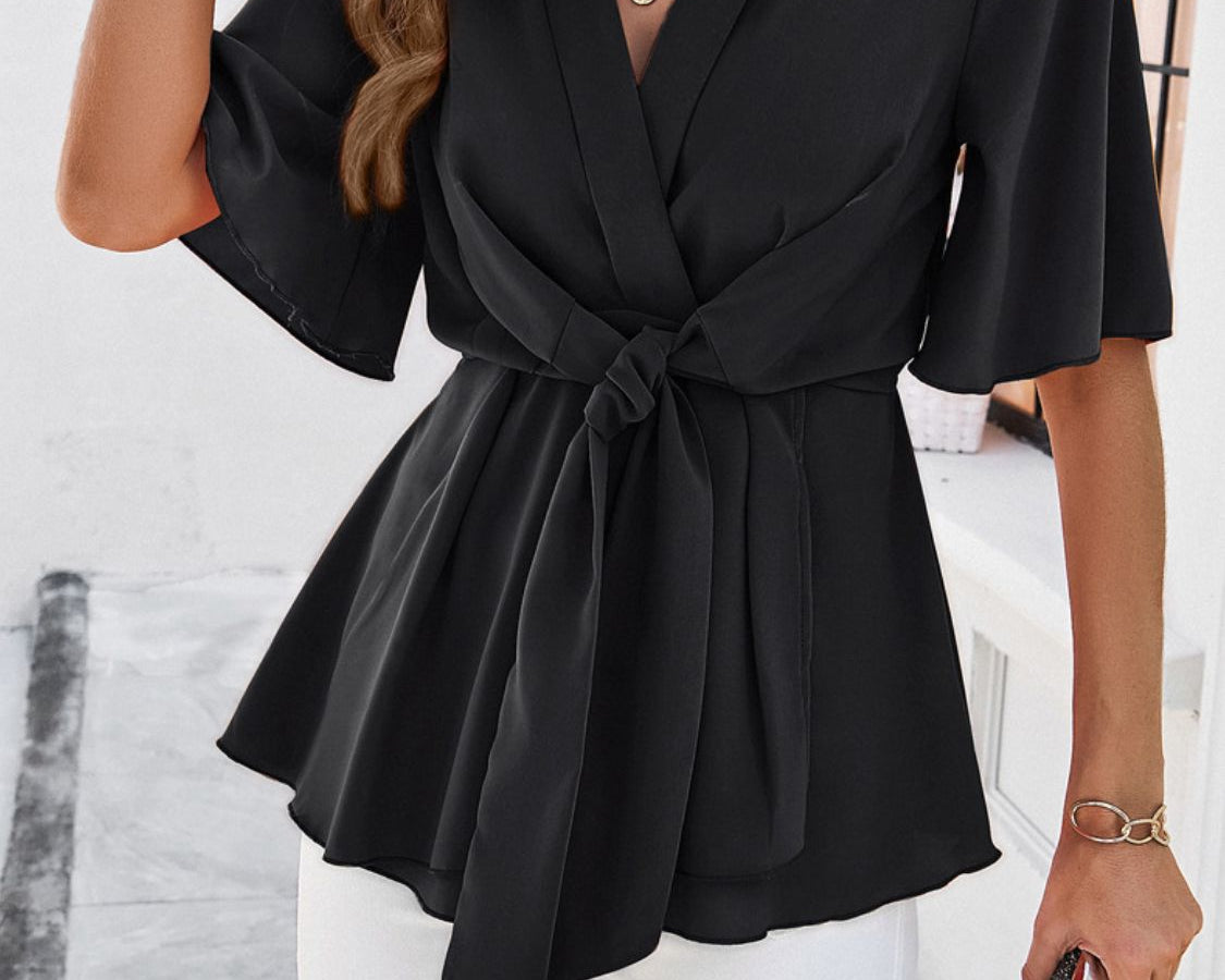 NEWYORKLISTED STYLE COLLECTION: Devine Tied Front Peplum Blouse in Black