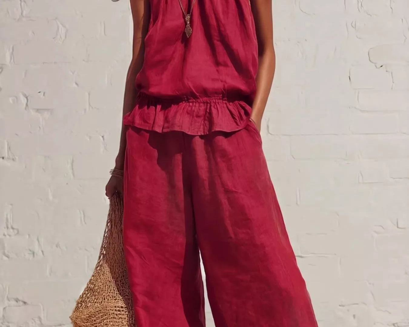 NEWYORKLISTED STYLE COLLECTION: Woman wearing a red outfit with wide-leg pants against a white brick wall.
