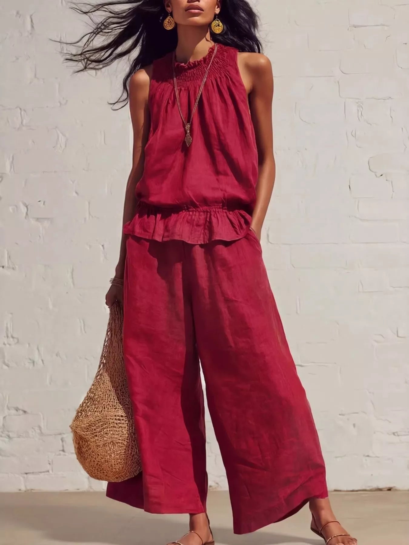 NEWYORKLISTED STYLE COLLECTION: Woman wearing a red outfit with wide-leg pants against a white brick wall.