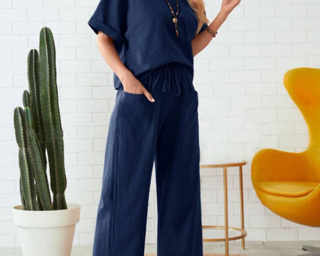 NYLD: Round Neck Half Sleeve Top and Pocketed Pants Set - NEWYORKLISTED