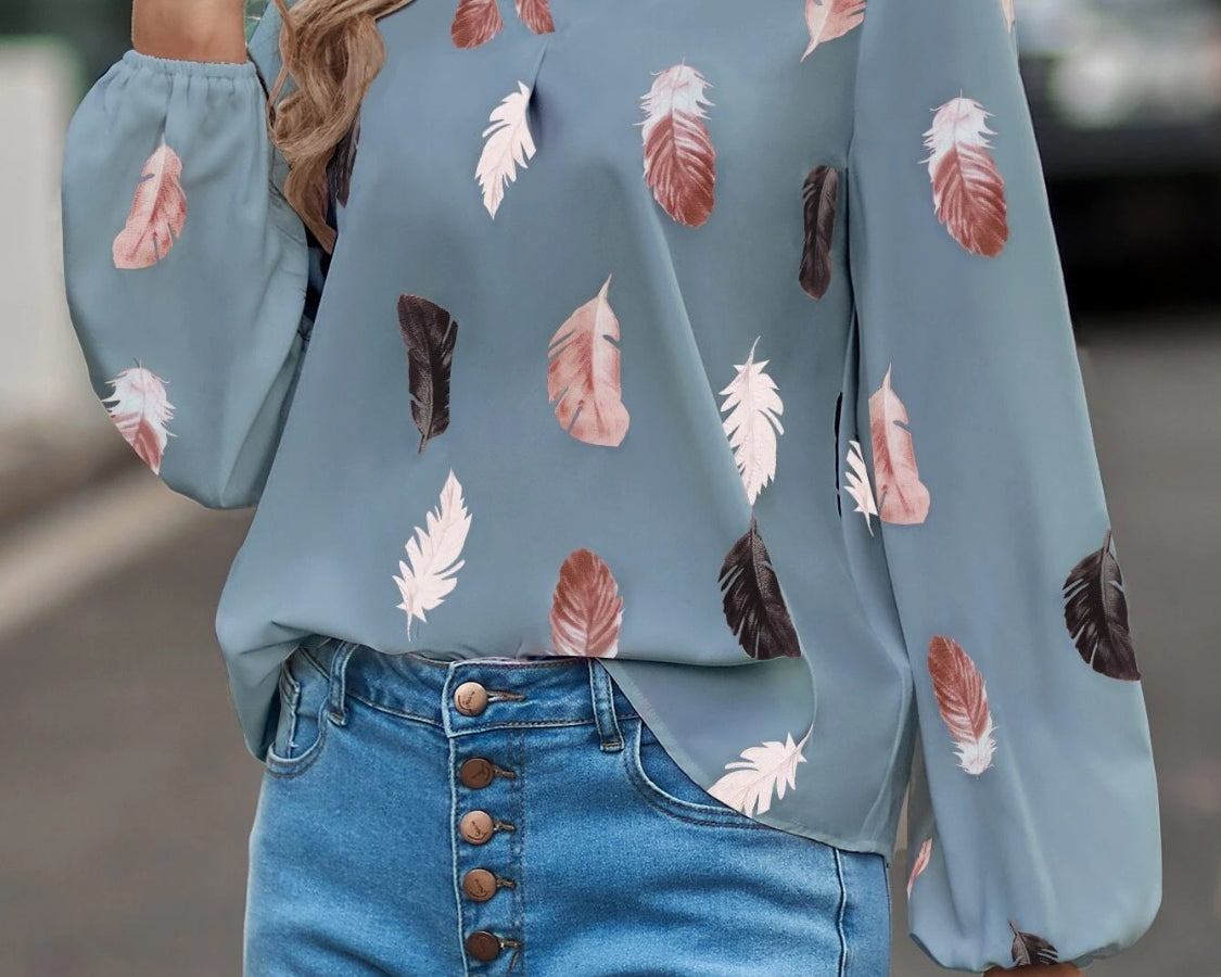 NEWYORKLISTED STYLE COLLECTION: Feather Print Balloon Sleeve Top - NEWYORKLISTED