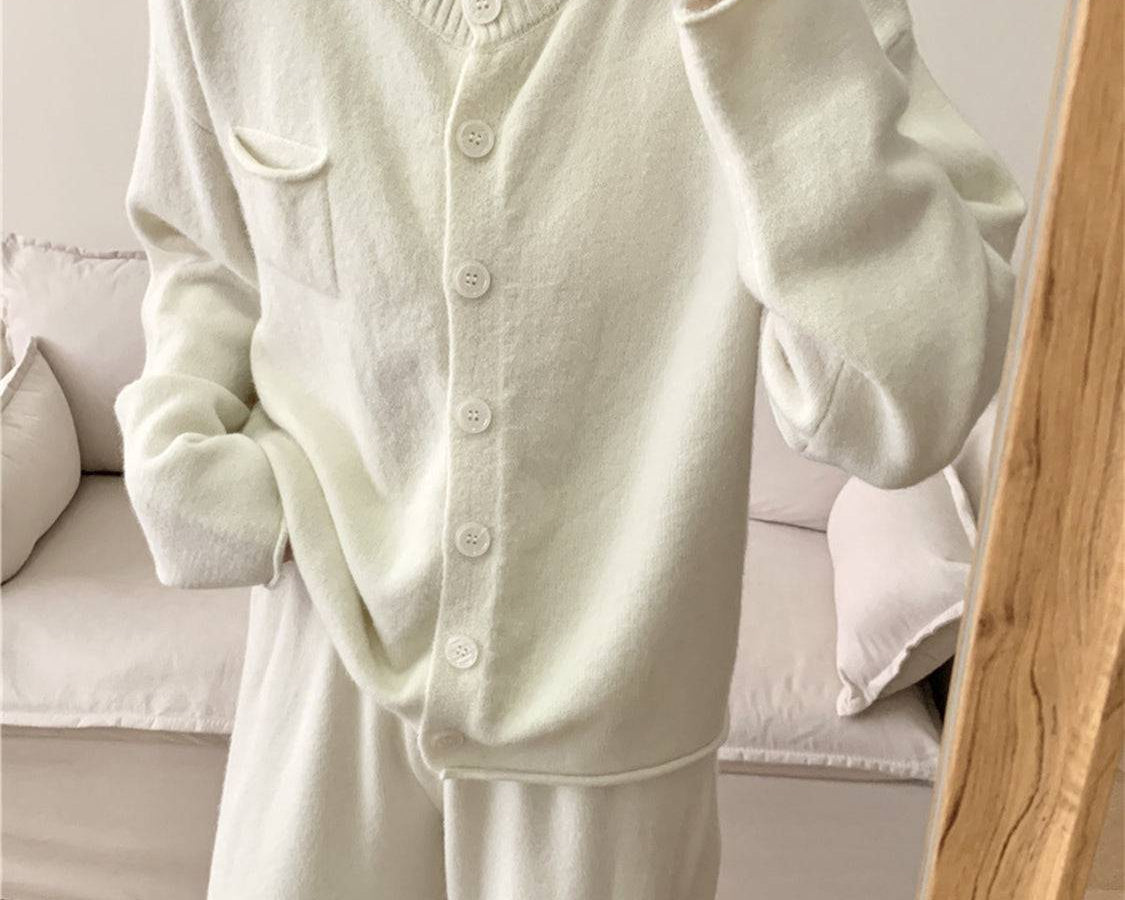 NEWYORKLISTED STYLE COLLECTION: Pocketed Round Neck Button Up Cardigan and Pants Sweater Set - NEWYORKLISTED