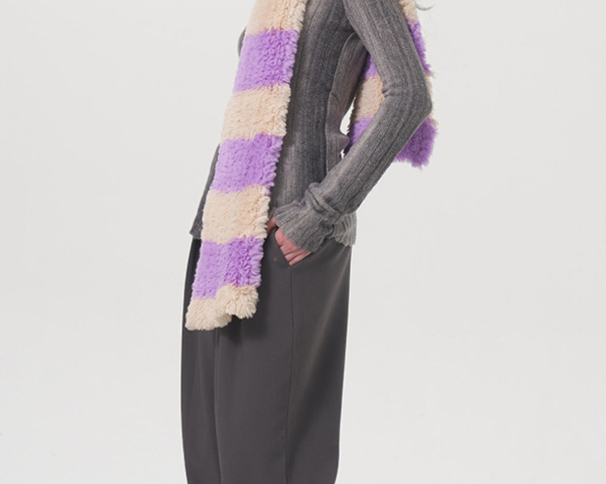 Fuzzy Contrast Striped Scarf - NEWYORKLISTED