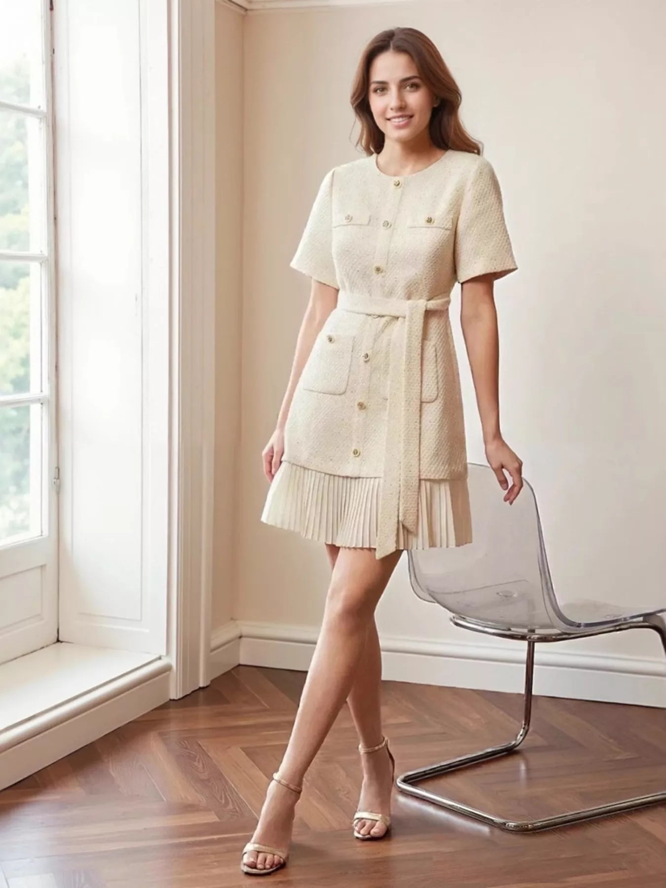 NEWYORKLISTED STYLE COLLECTION: Model wearing a beige dress standing in a room with a window and chair.