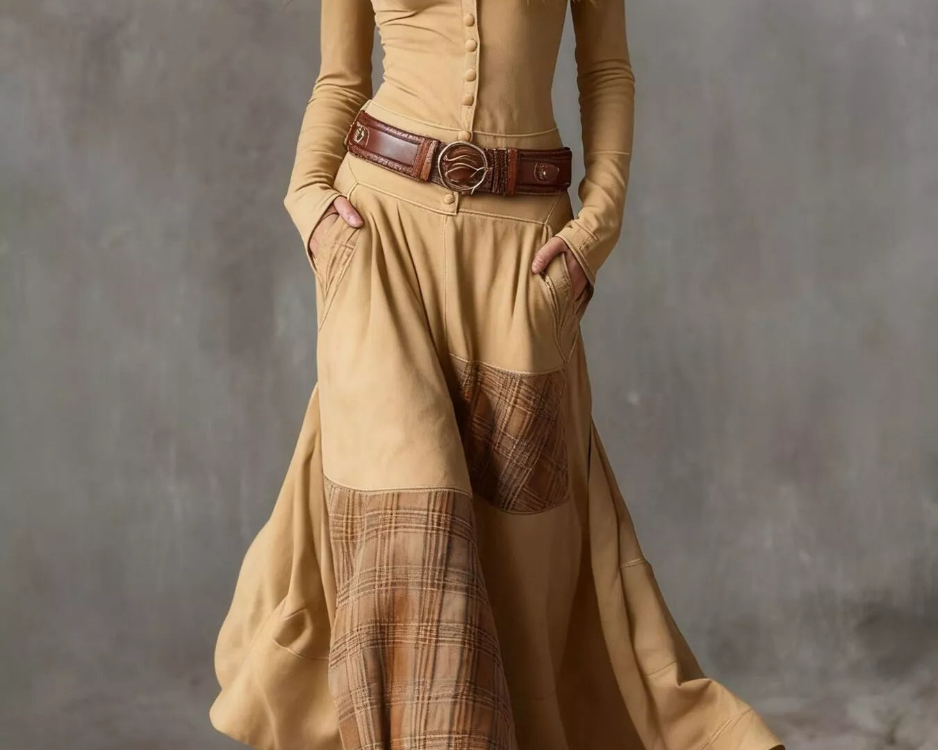 NEWYORKLISTED Style Collection: Woman wearing a long beige dress with plaid accents and brown boots against a gray background