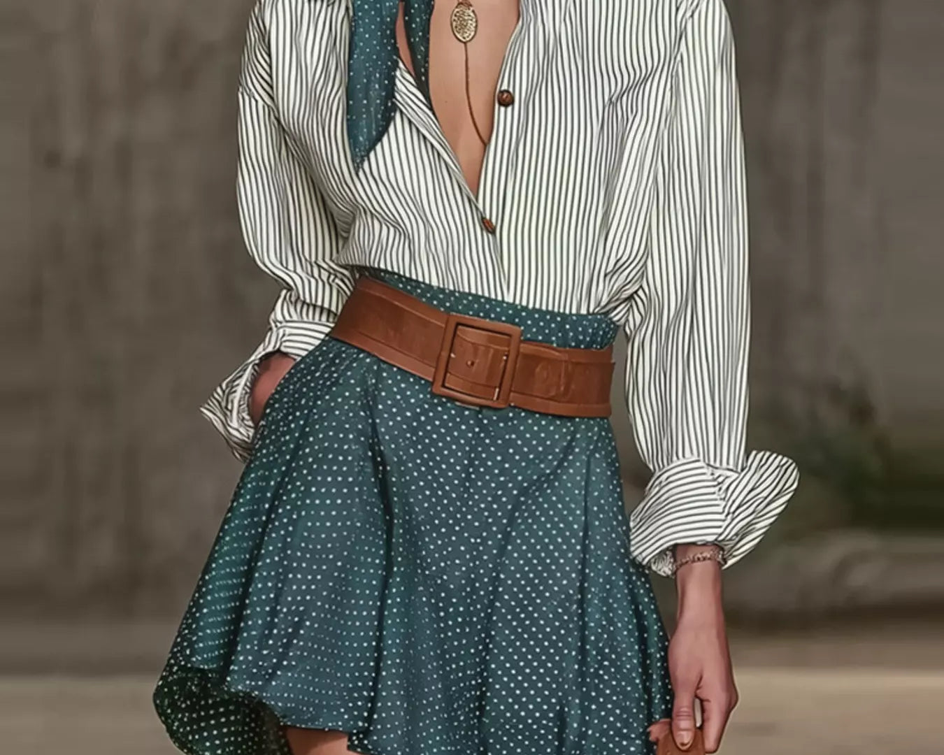 NEWYORKLISTED STYLE COLLECTION: A woman models a stylish outfit featuring a white and green striped long-sleeve button-down shirt, a matching green polka-dot scarf tied at the neck, a green polka-dot mini skirt, a wide brown leather belt, and brown suede boots.