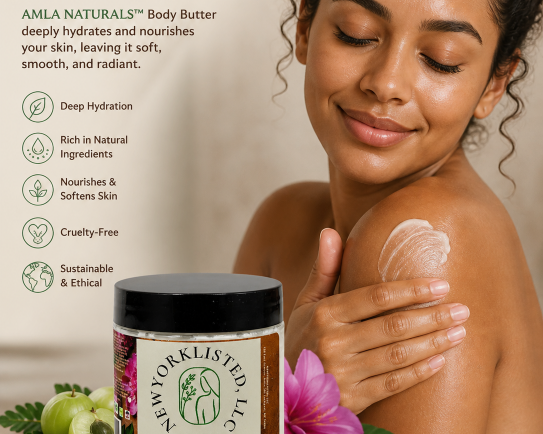 AMLA NATURALS Moisture Rich Body Butter 6 oz luxury organic moisturizer by NEWYORKLISTED.COM, model is shown using body butter