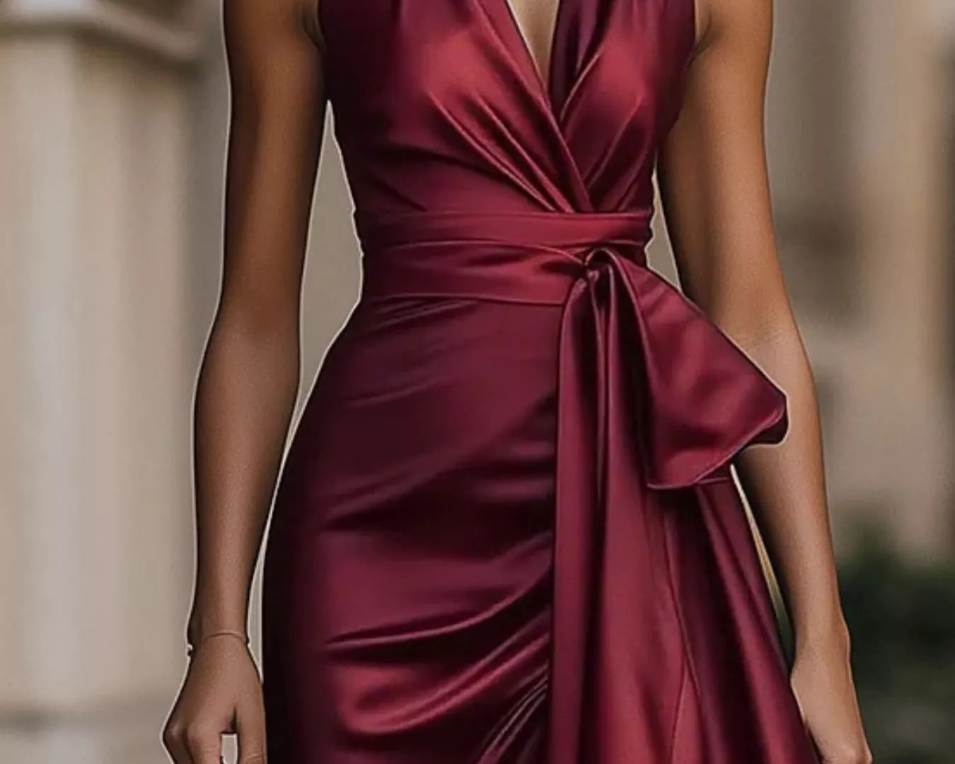 NEWYORKLISTED STYLE COLLECTION: Maroon satin dress worn by a model with a blurred background