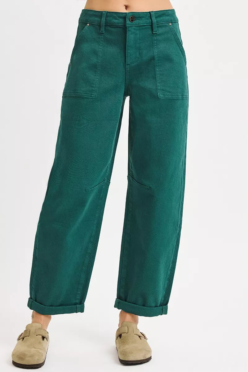 NEWYORKLISTED STYLE COLLECTION: RISEN High Rise Ankle Cuffed Barrel Pants, Green pants worn by a person on a white background