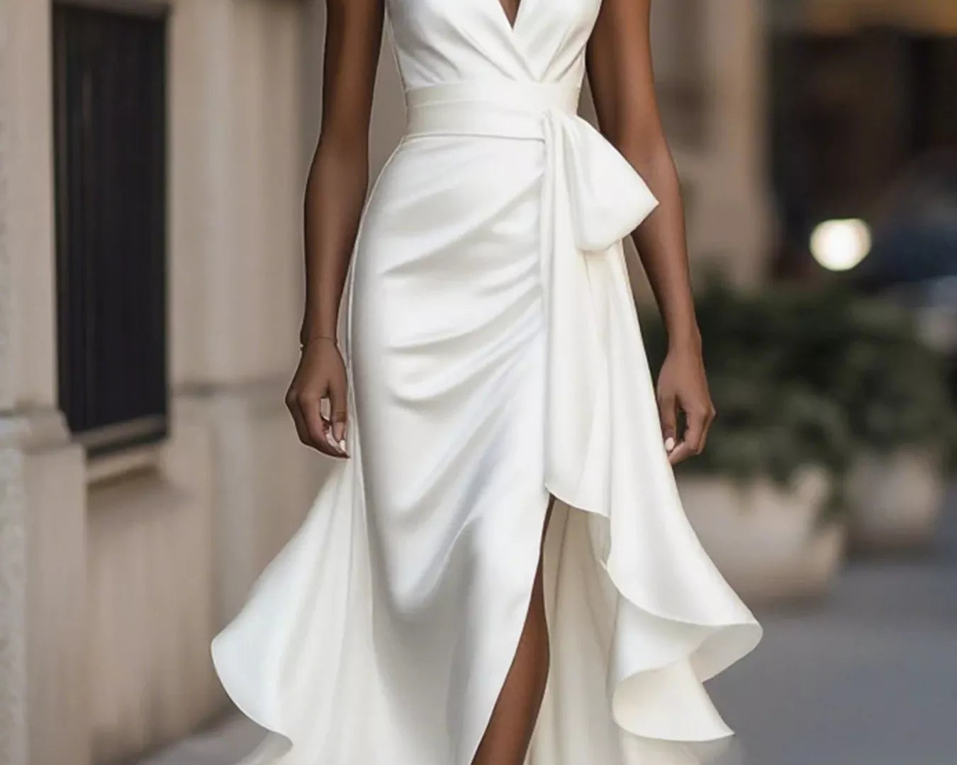 NEWYORKLISTED STYLE COLLECTION: Woman wearing a white dress with a high slit on a city street.