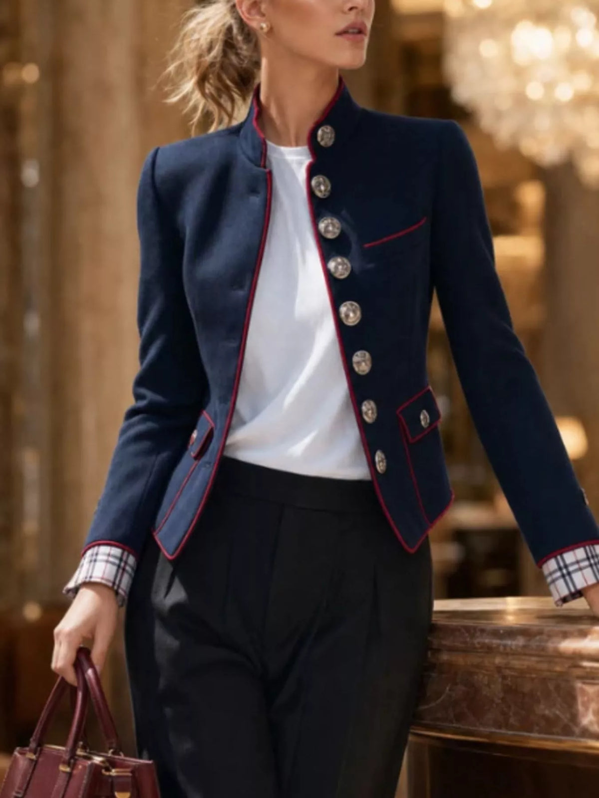 NEWYORKLISTED STYLE COLLECTION: A woman models a navy blue military-style blazer with red piping and silver buttons, worn over a white top and paired with dark trousers. She is holding a burgundy handbag in a luxurious indoor setting with warm lighting.