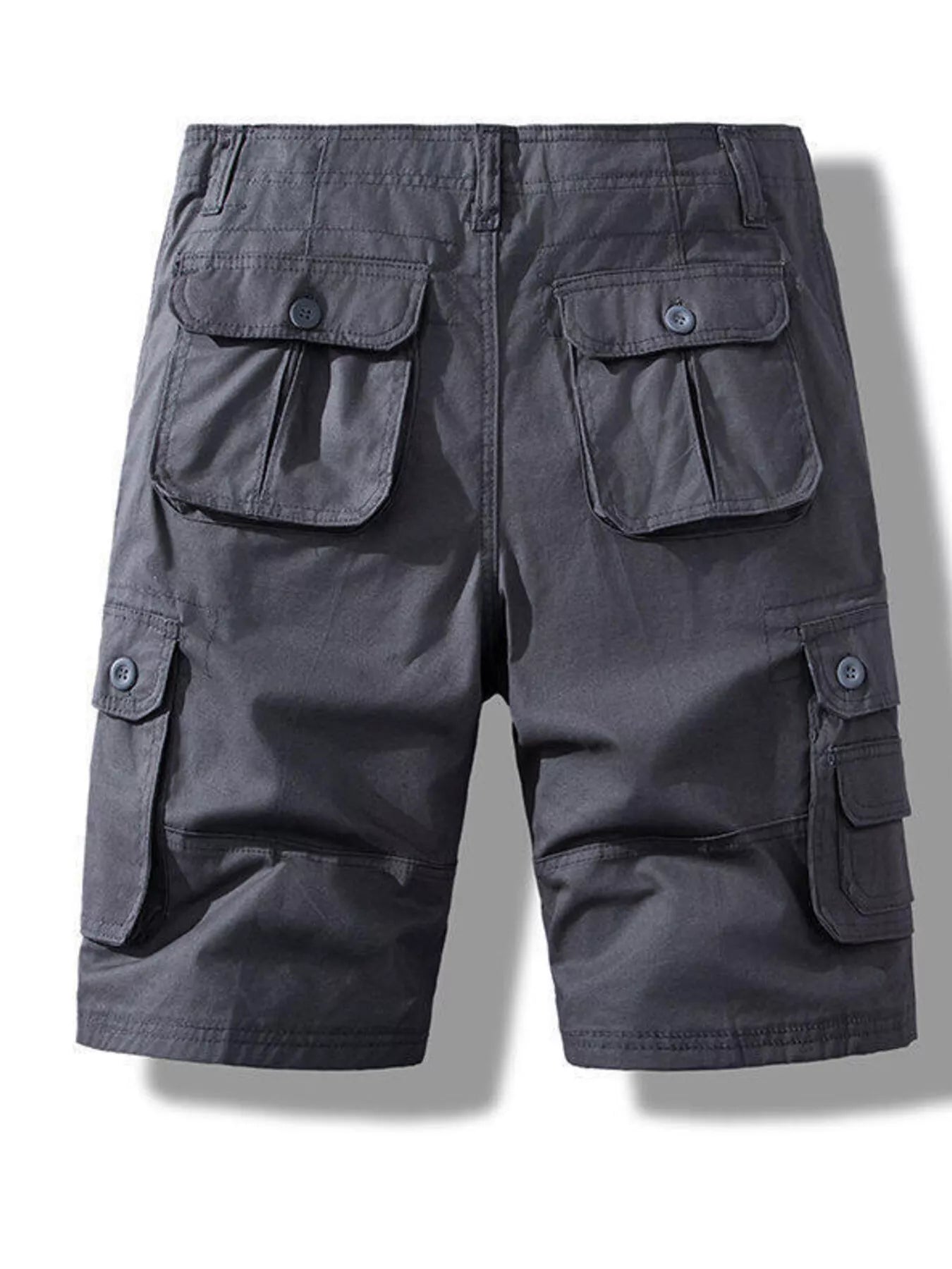 ATLAS MEN'S COLLECTION: Gray cargo shorts with multiple pockets on a light gray background