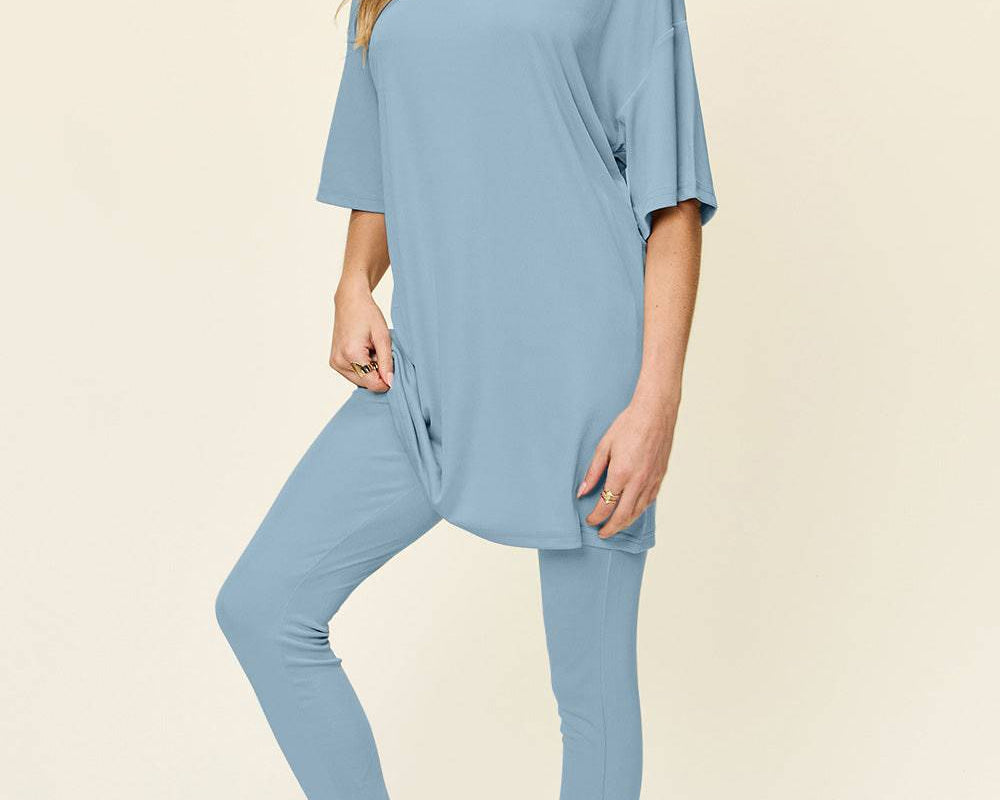 NEWYORKLISTED STYLE COLLECTION: Round Neck Dropped Shoulder T-Shirt and Leggings Set - NEWYORKLISTED