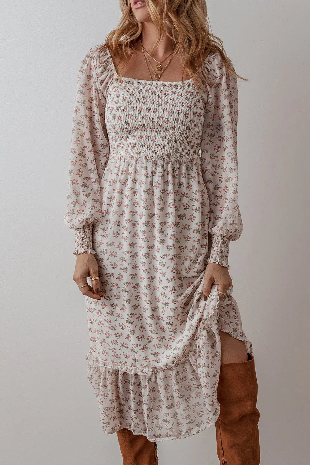 NEWYORKLISTED STYLE COLLECTION: Smocked Floral Long Sleeve Midi Dress - NEWYORKLISTED