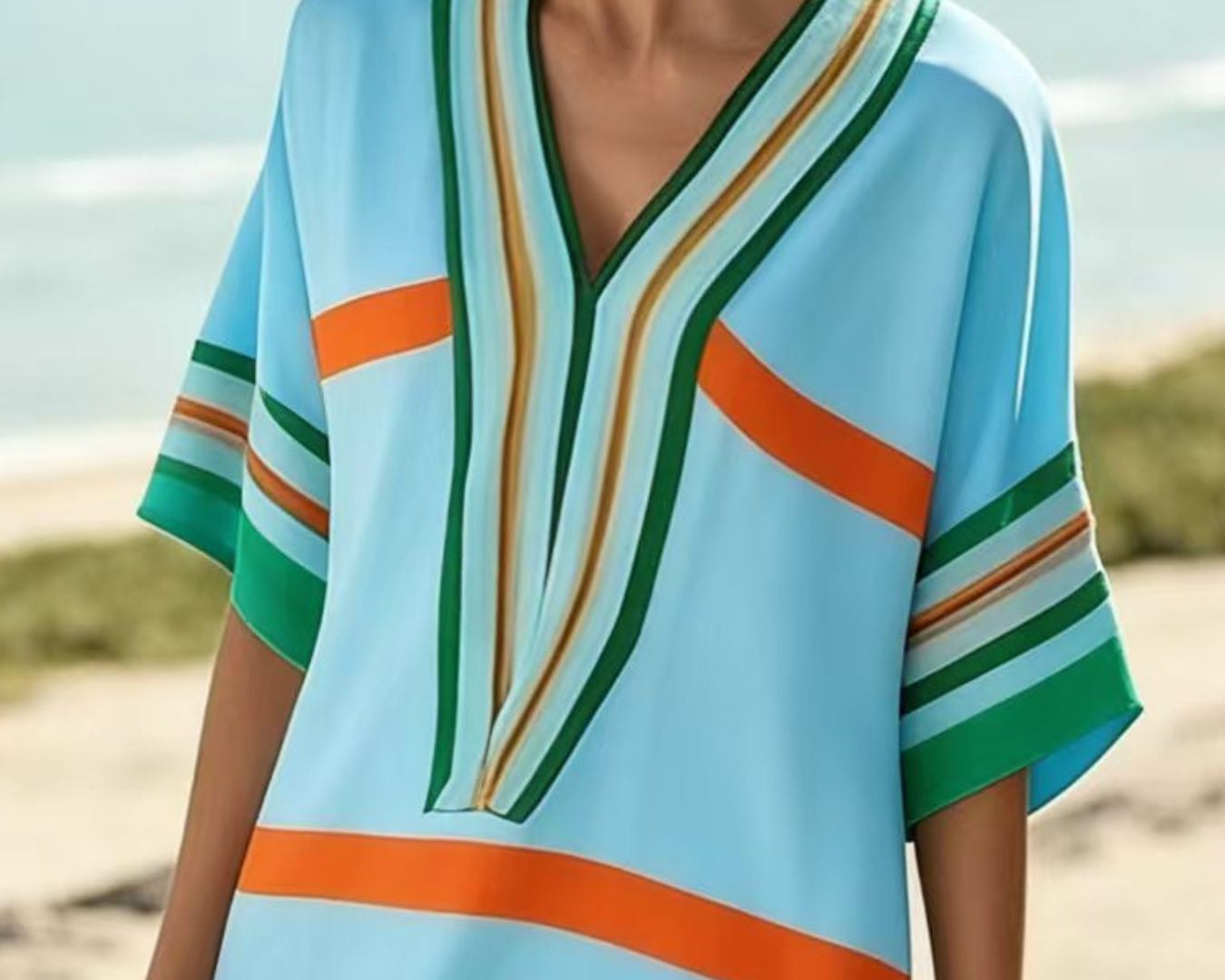 NEWYORKLISTED STYLE COLLECTION: Woman wearing a colorful striped dress on a beach