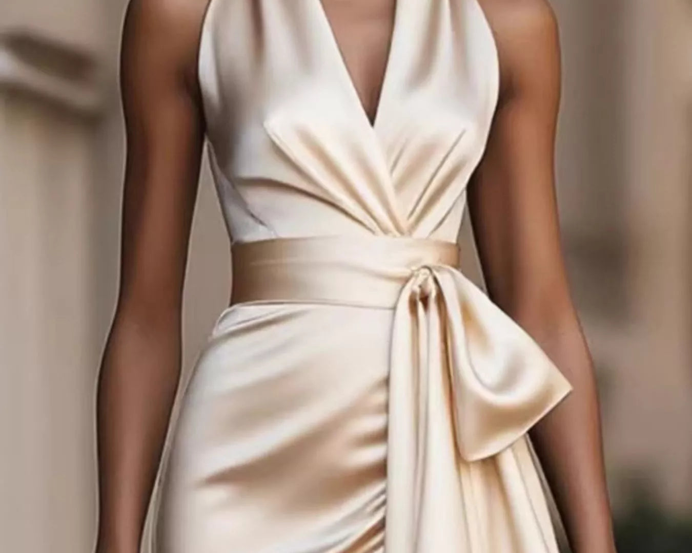 NEWYORKLISTED STYLE COLLECTION: Woman wearing a beige halter neck dress with a bow detail against a blurred background