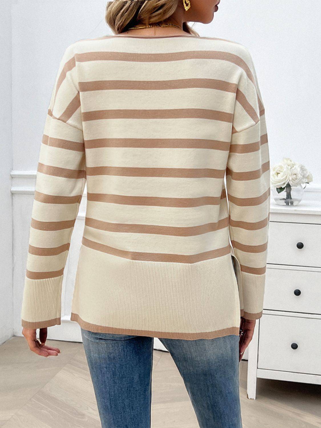 NYLD Striped V-Neck Long Sleeve Knit Top - NEWYORKLISTED