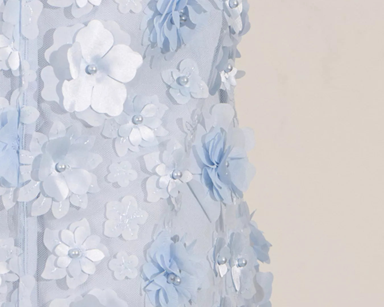 NEWYORKLISTED STYLE COLLECTION: Close-up of a light blue floral dress with white flowers on a plain background