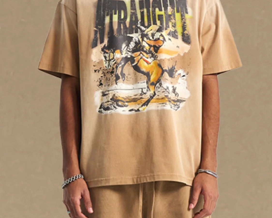 NEWYORKLISTED ATLAS MEN'S COLLECTION: Person wearing a beige t-shirt with graphic design and shorts on a beige background