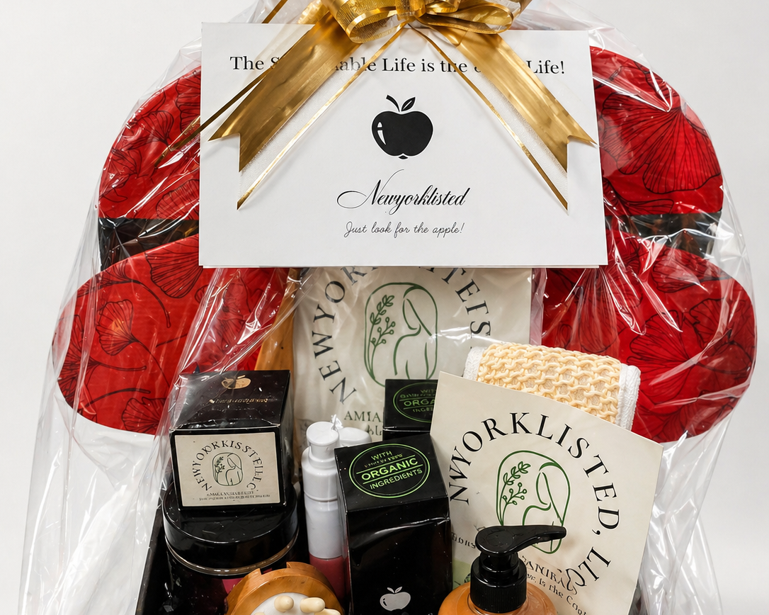 NEWYORKLISTED SPA EXPERIENCE LUXURY GIFT SET: Gift basket with various items including a gold bow, New York Listed branding, and a white card.
