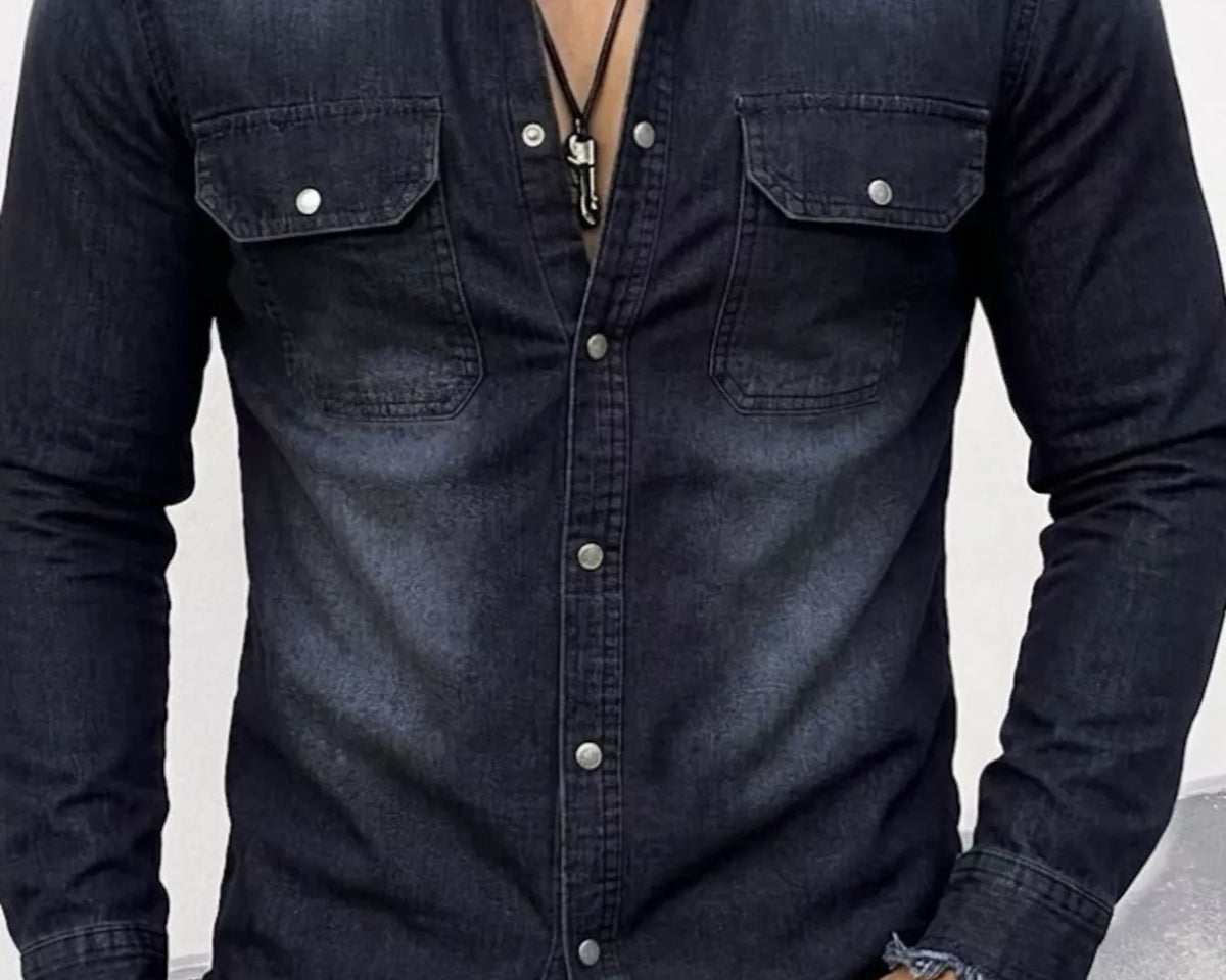 NEWYORKLISTED ATLAS MEN'S COLLECTION – Men's frayed-hem denim-look button-down shirt, product image 4