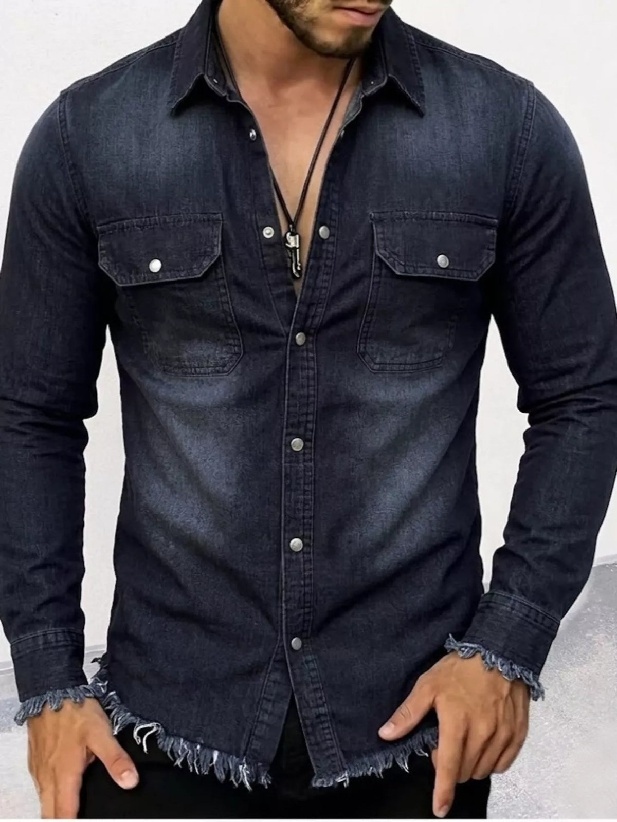 NEWYORKLISTED ATLAS MEN'S COLLECTION – Men's frayed-hem denim-look button-down shirt, product image 4