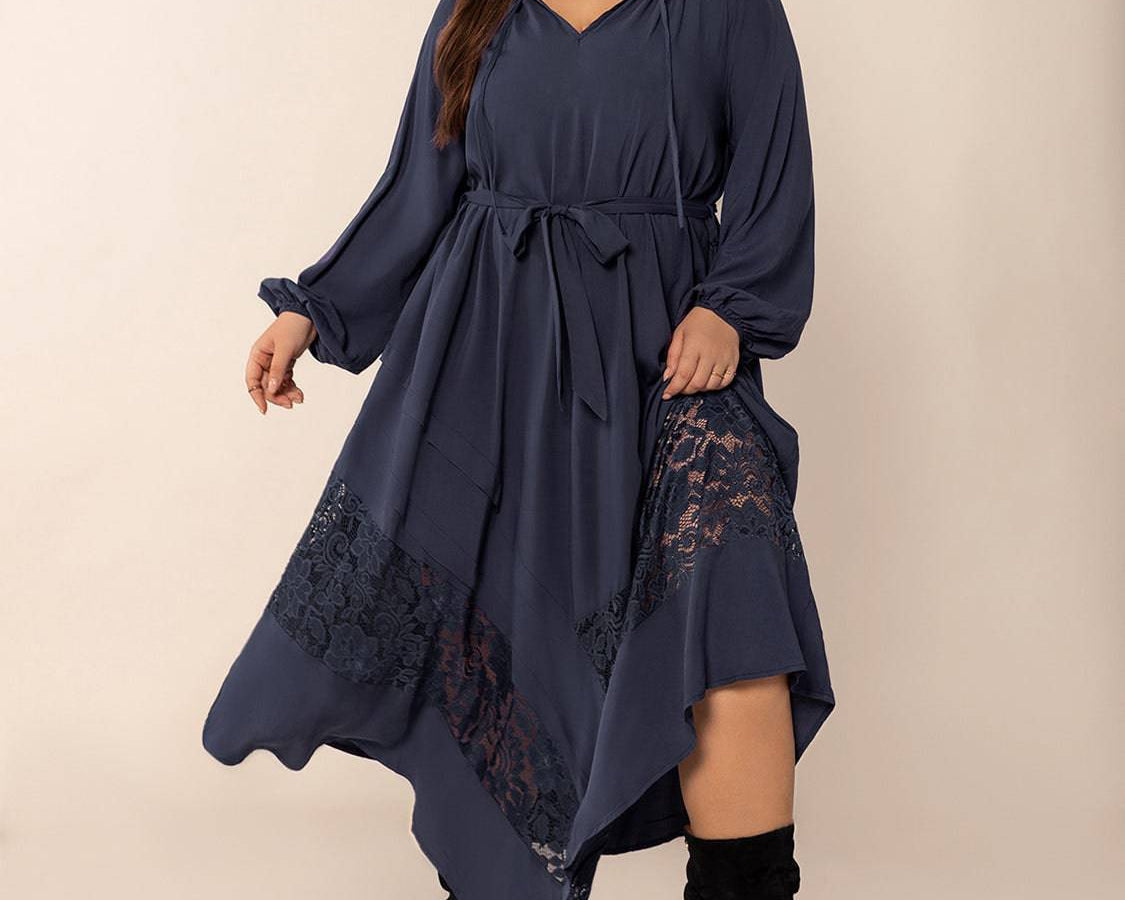 Plus Size Lace Detail Tie Neck Long Sleeve Midi Dress - NEWYORKLISTED