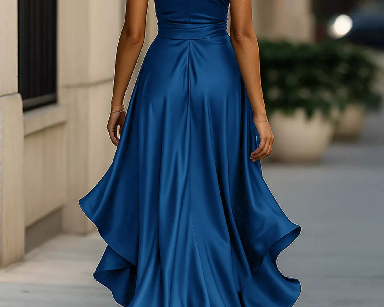 NEWYORKLISTED STYLE COLLECTION: Woman wearing a blue evening gown walking outdoors.