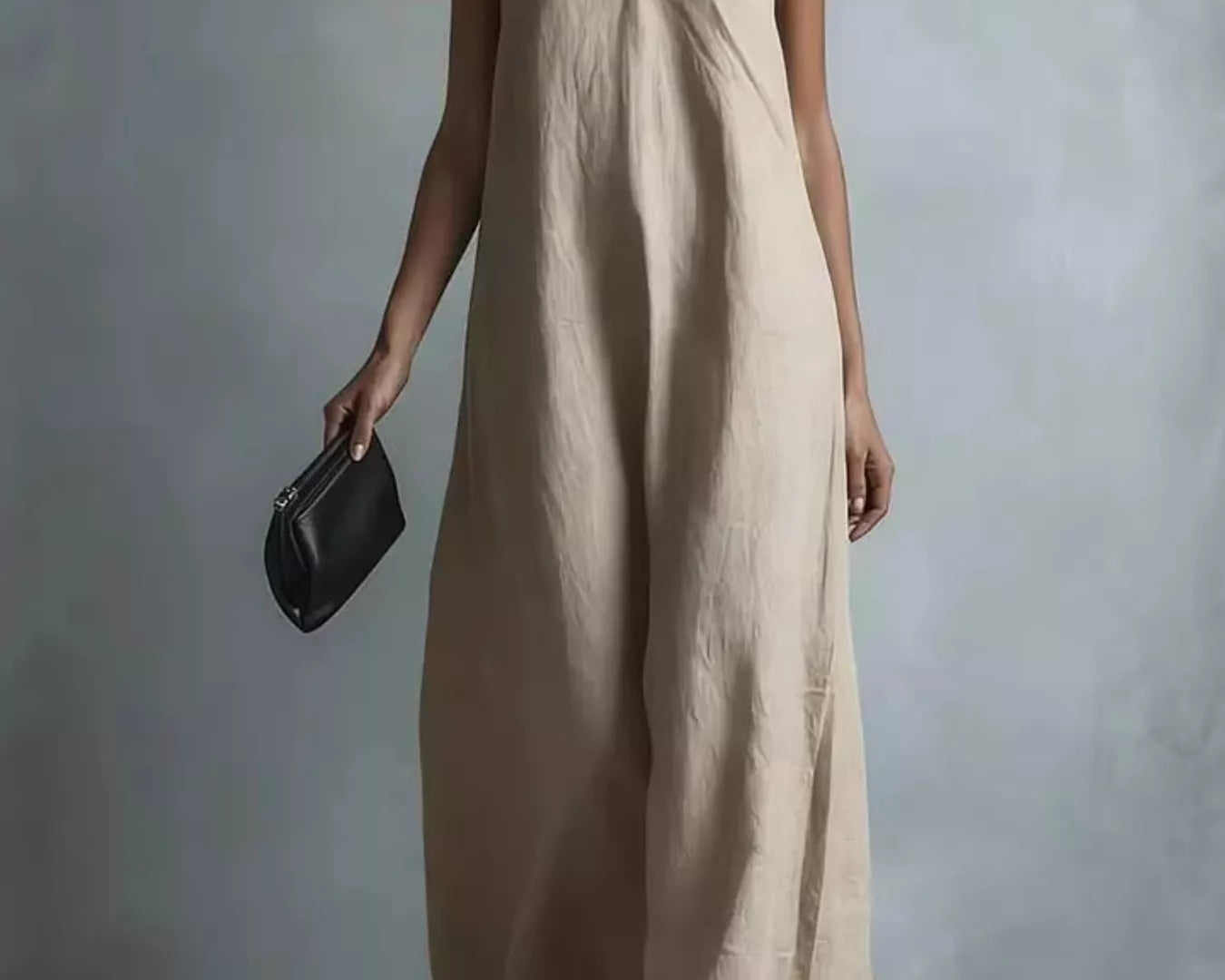 NEWYORKLISTED STYLE COLLECTION: A woman models a sleeveless, V-neck maxi dress in a light beige linen-like fabric, holding a small black clutch against a textured gray studio background.
