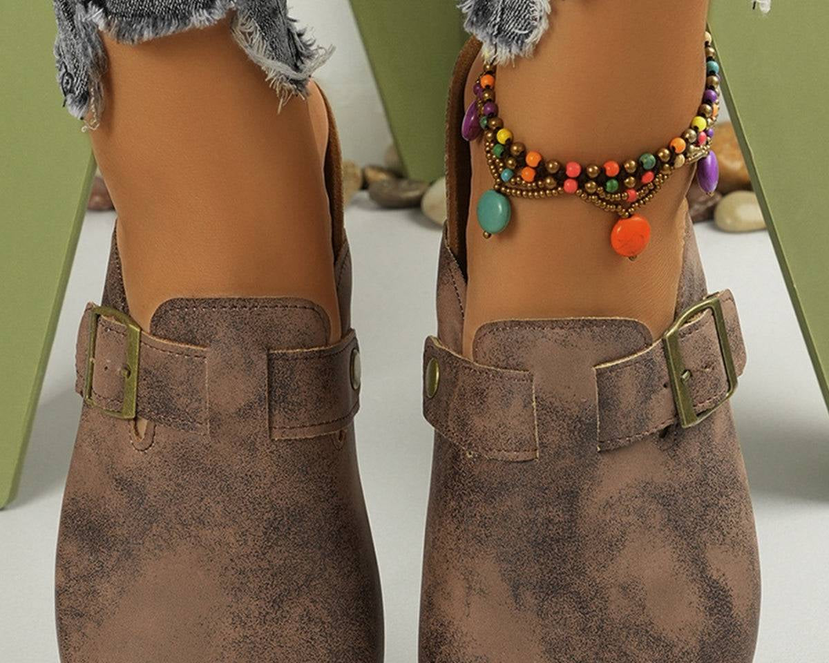 Round Toe Buckle Slip-Ons - NEWYORKLISTED