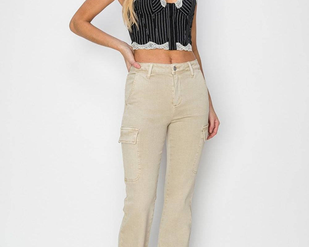 RISEN Full Size High Rise Side Slit Cargo Bootcut Jeans - NEWYORKLISTED