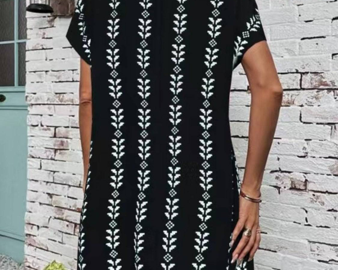 NYLD Wheat Motif Printed Round Neck Short Sleeve Dress - NEWYORKLISTED