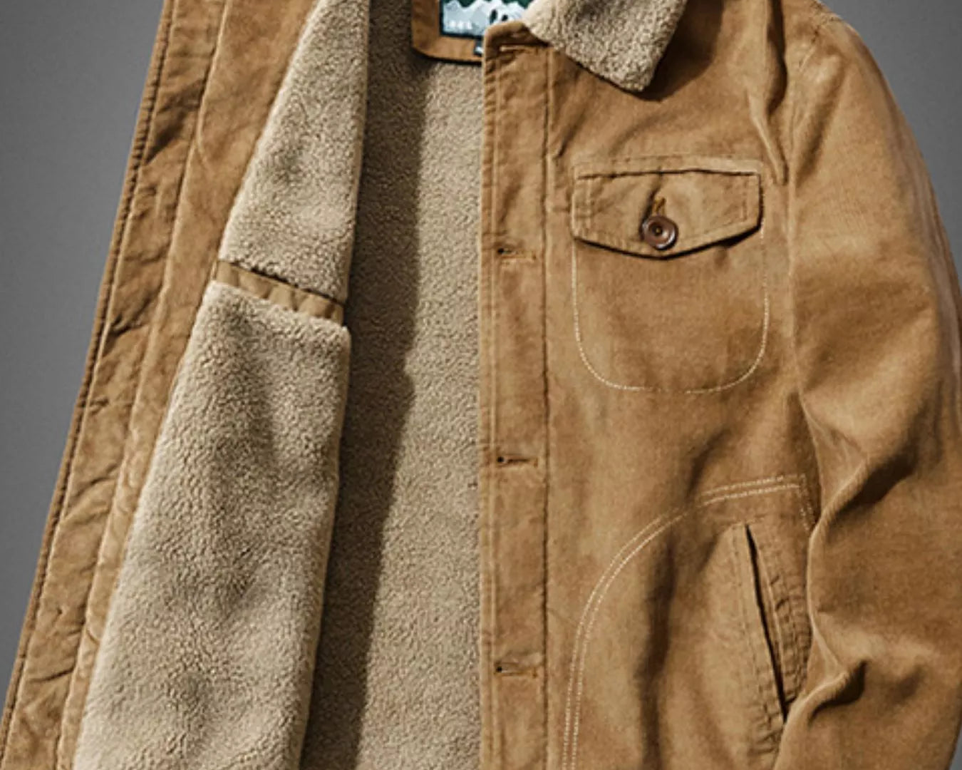 NEWYORKLISTED ATLAS MEN'S COLLECTION: Brown jacket with sherpa lining on a gray background