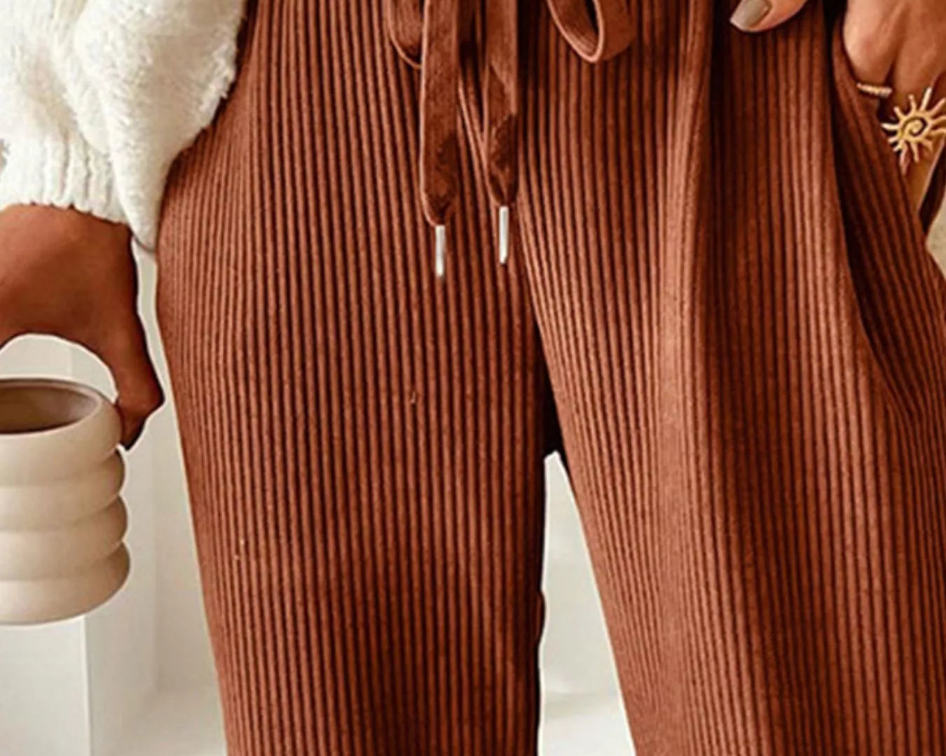 Corduroy pants with adjustable waist and pocket detail in neutral tone, NEWYORKLISTED
