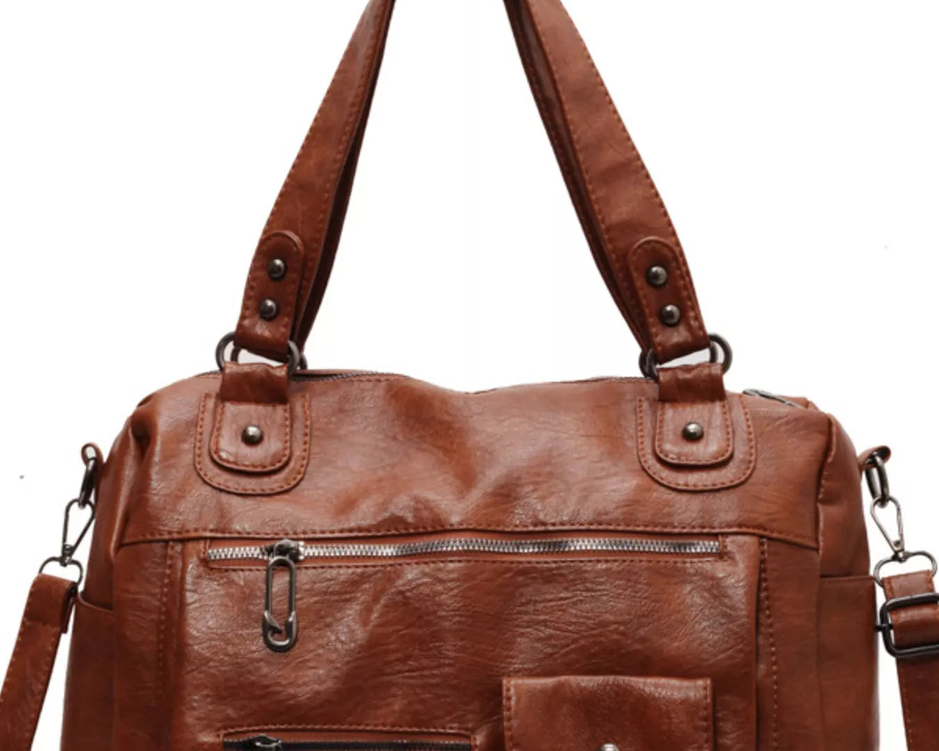 NEWYORKLISTED STYLE COLLECTION: Brown leather handbag with multiple pockets and straps on a white background