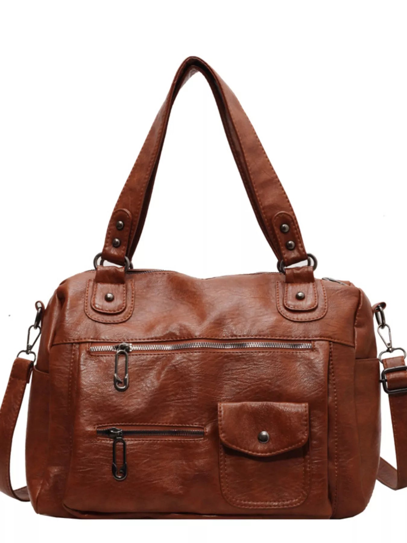 NEWYORKLISTED STYLE COLLECTION: Brown leather handbag with multiple pockets and straps on a white background