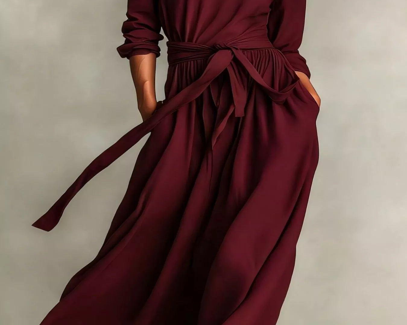 NEWYORKLISTED STYLE COLLECTION: Burgundy long-sleeve dress with a belt on a neutral background