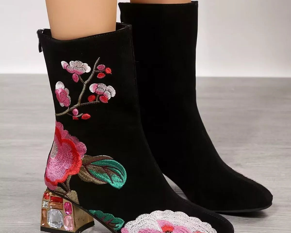 NEWYORKLISTED Shoe Collection: Black ankle boots with floral embroidery on a wooden floor.