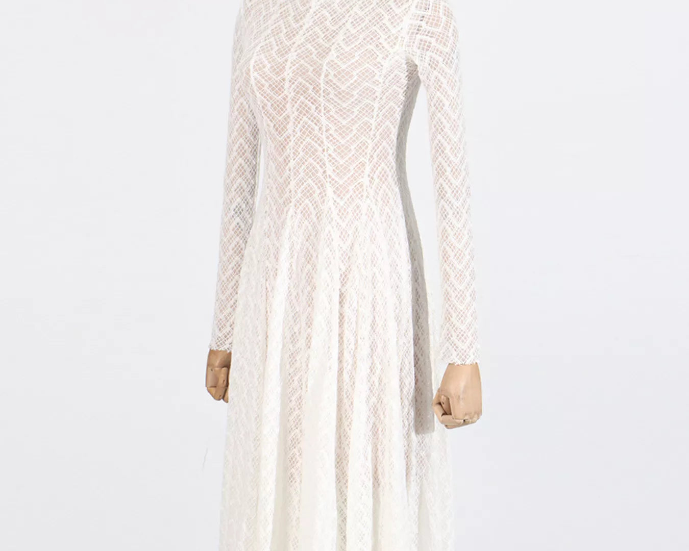 NEWYORKLISTED STYLE COLLECTION: White lace dress on a mannequin against a white background