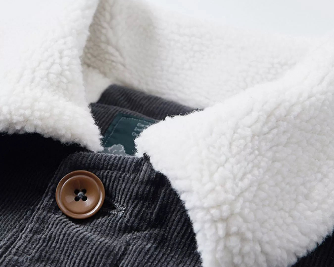 NEWYORKLISTED ATLAS MEN'S COLLECTION: Close-up of a gray corduroy jacket with a white sherpa lining and a button, on a light gray background.