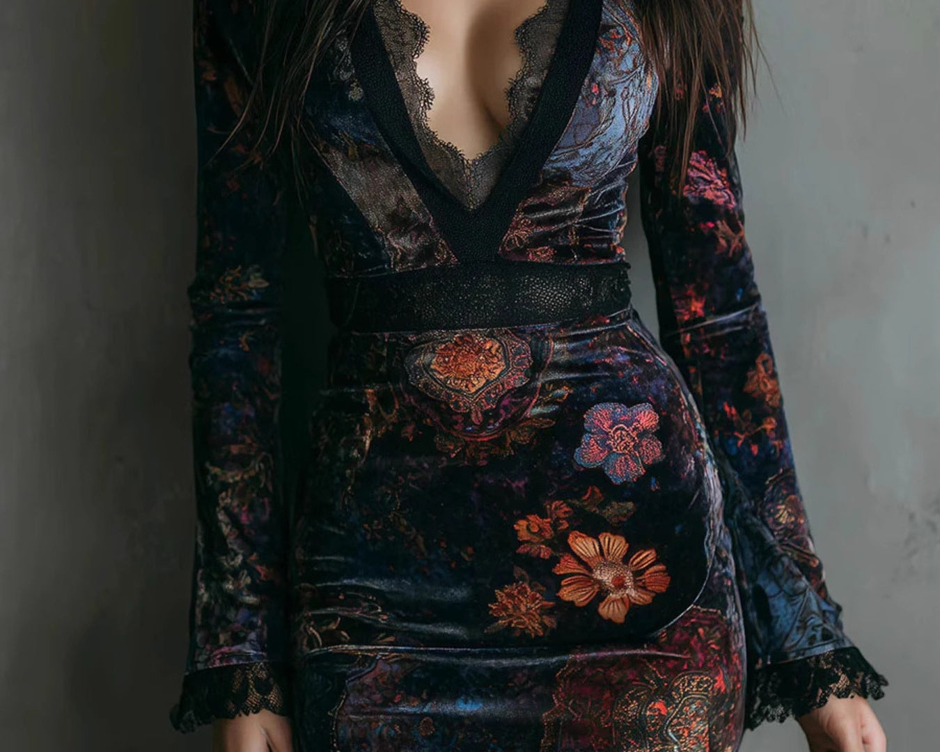 NEWYORKLISTED STYLE COLLECTION: Woman wearing a patterned dress against a plain background