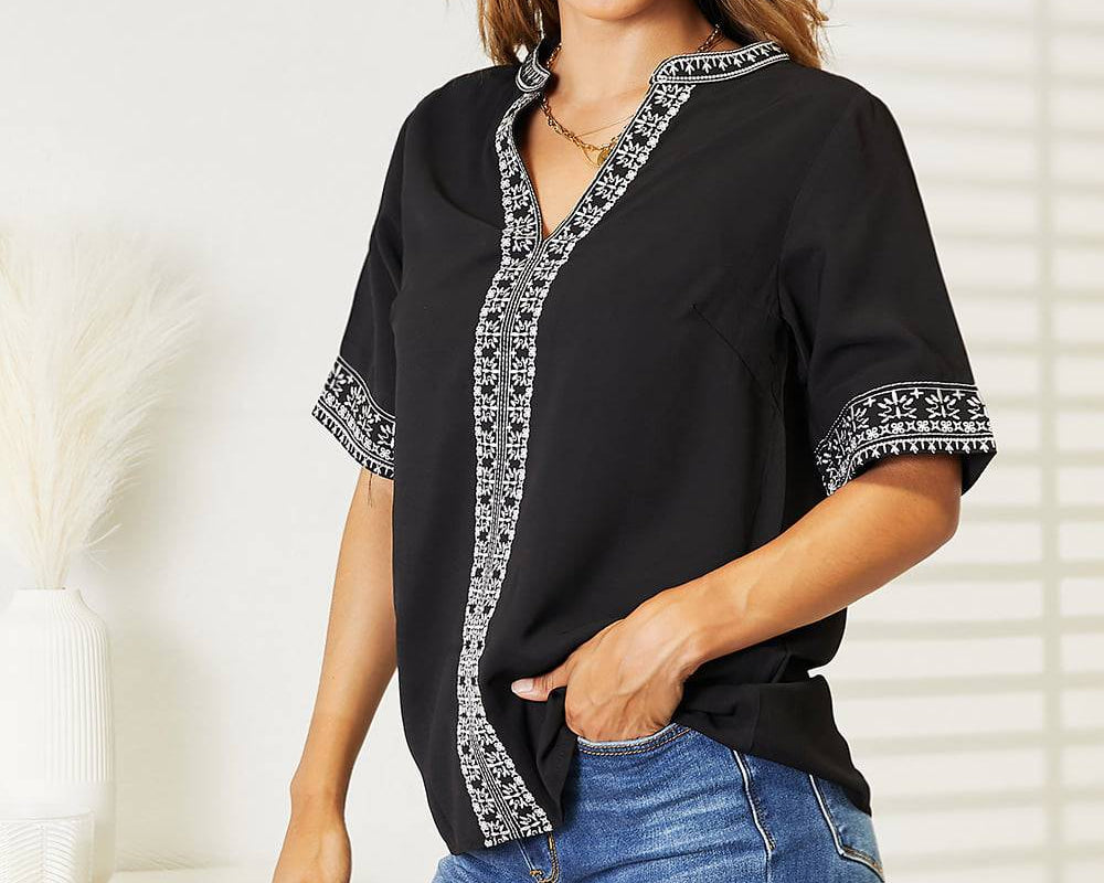 NEWYORKLISTED: Embroidered Notched Neck Top - NEWYORKLISTED