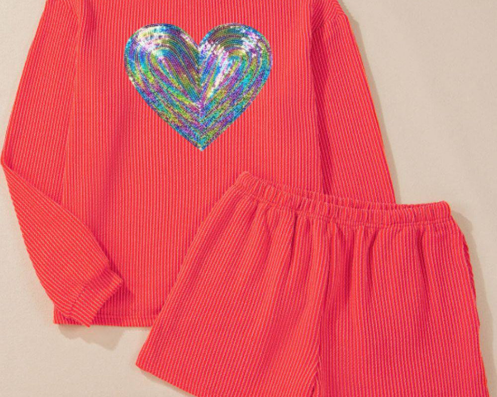 NEWYORKLISTED STYLE COLLECTION: Sequin Heart Long Sleeve Top and Shorts Set - NEWYORKLISTED