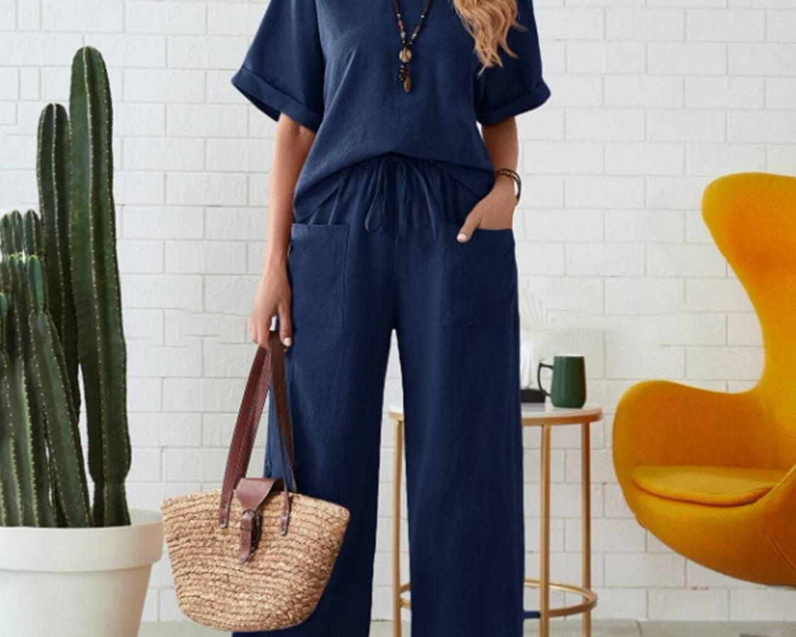 NYLD: Round Neck Half Sleeve Top and Pocketed Pants Set - NEWYORKLISTED