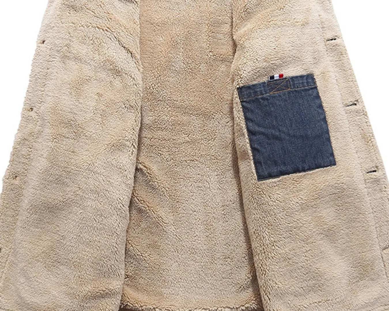 NEWYORKLISTED ATLAS MEN"S COLLECTION: Beige fleece jacket with denim accents on a white background